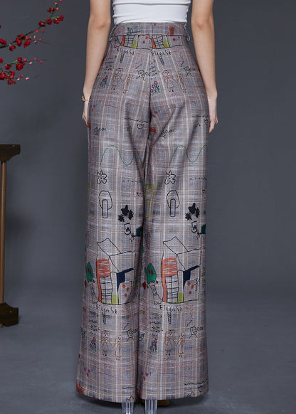 Grey Original Design Print Cotton Straight Pants Spring