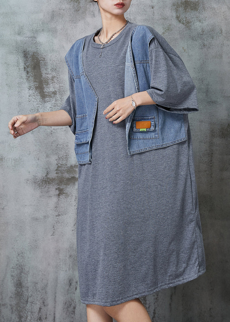 Grey Oversized Patchwork Cotton Robe Dresses Summer