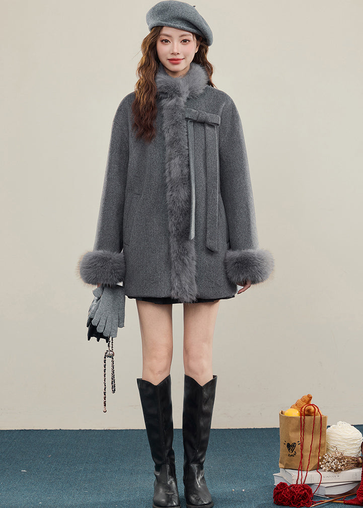 Grey Oversized Patchwork Faux Fur Wool Trench Winter