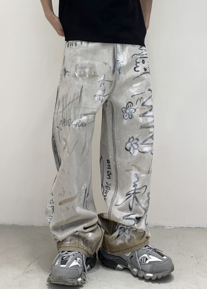 Grey Pockets Tie Dye Cotton Denim Pants Fall