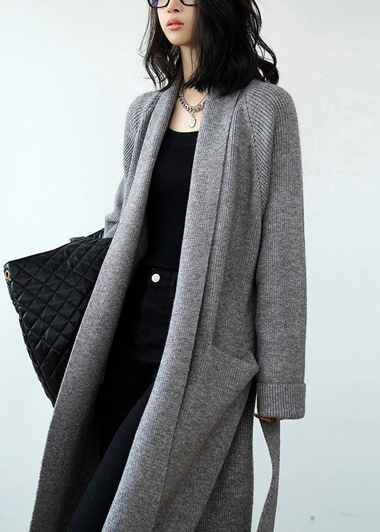 Grey Pockets Tie Waist Knit Loose Cardigans Spring Winter