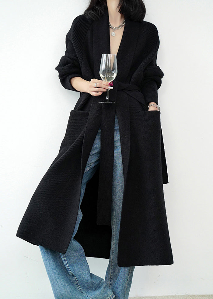 Grey Pockets Tie Waist Knit Loose Cardigans Spring Winter