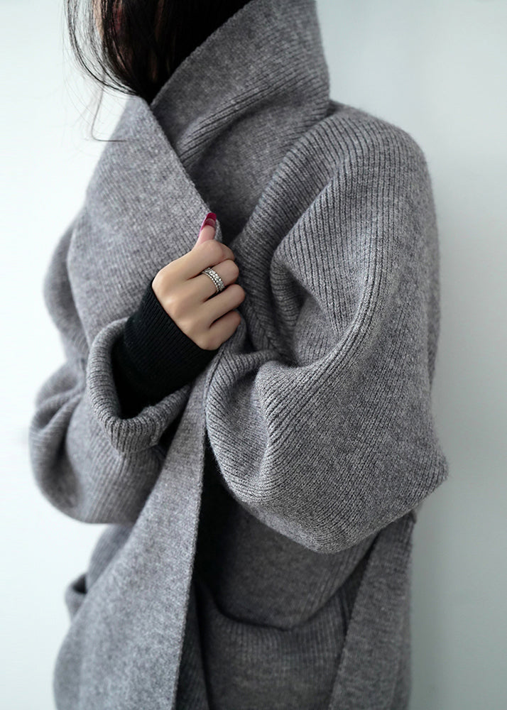 Grey Pockets Tie Waist Knit Loose Cardigans Spring Winter