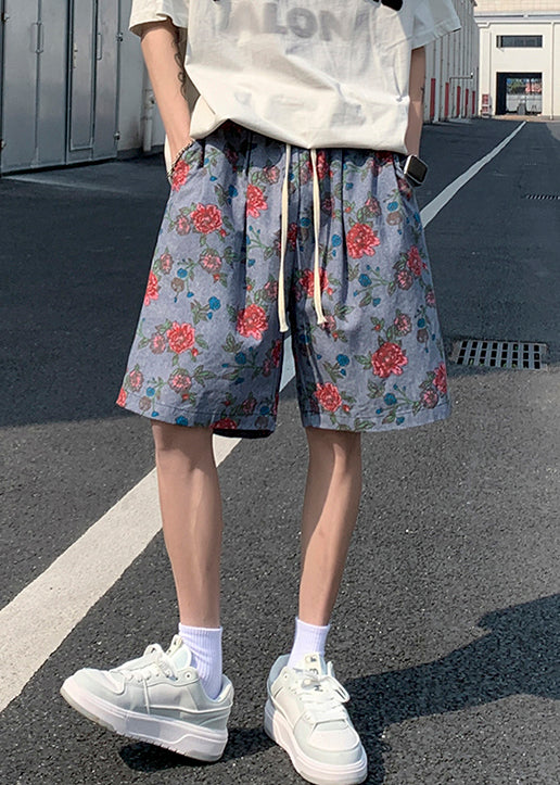 Grey Print Lace Up Elastic Waist Cotton Summer Beach Shorts