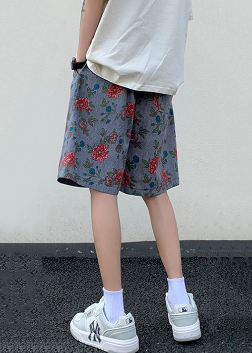Grey Print Lace Up Elastic Waist Cotton Summer Beach Shorts