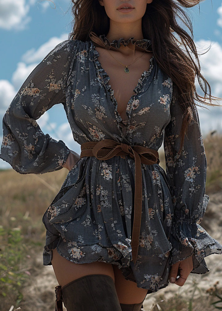 Grey Ruffled Print Patchwork Cotton Mini Dress Long Sleeve