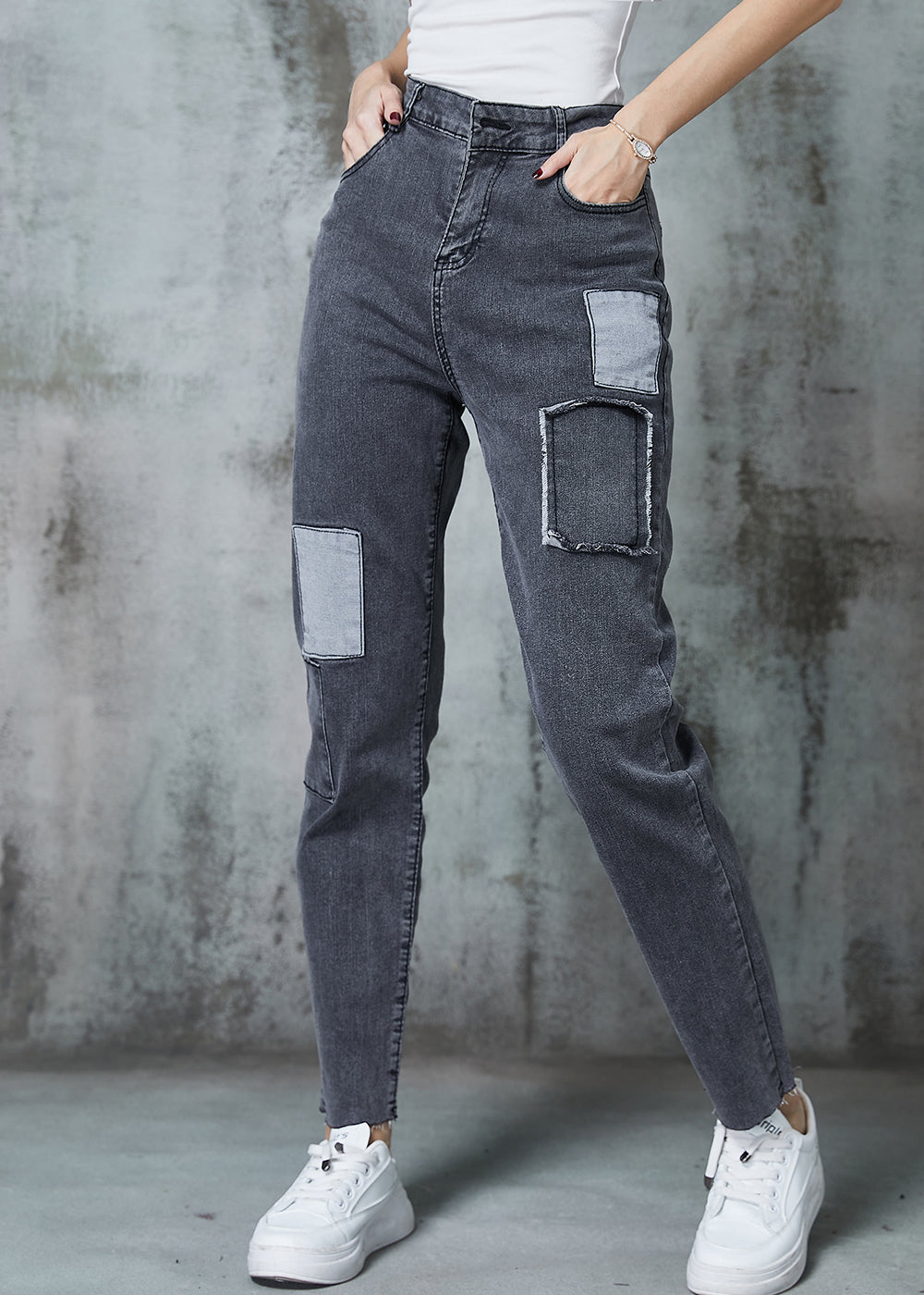 Grey Silm Fit Patchwork Applique Denim Pants Spring
