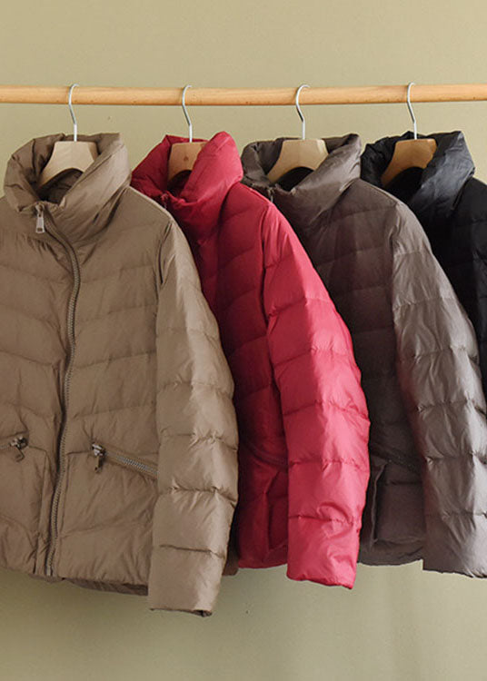 Grey Stand Collar Pockets Design Winter Thick Down Coats