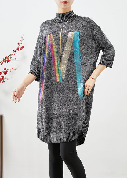 Grey Stand Collar Sequins Knit Sweater Dress Half Sleeve