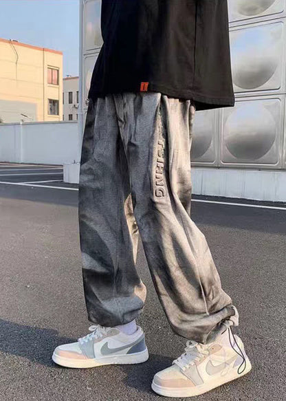Grey Tie Dye Drawstring Cotton Crop Pants Fall
