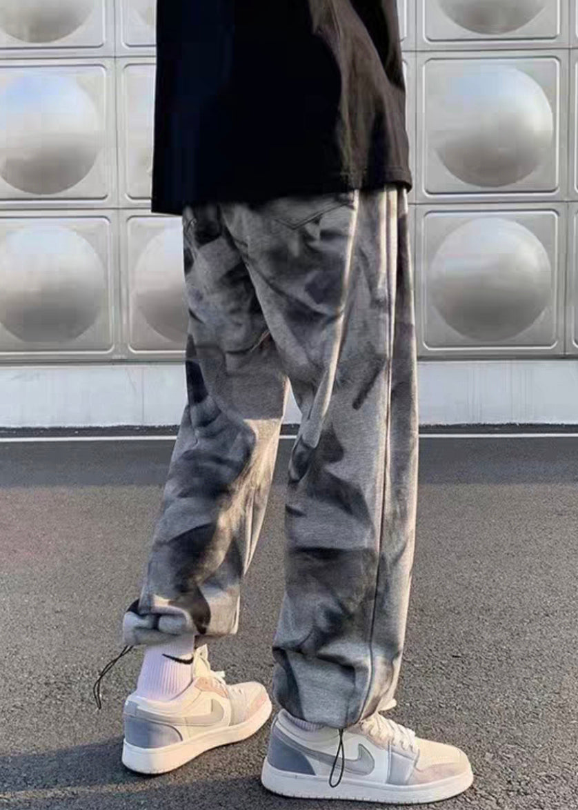 Grey Tie Dye Drawstring Cotton Crop Pants Fall