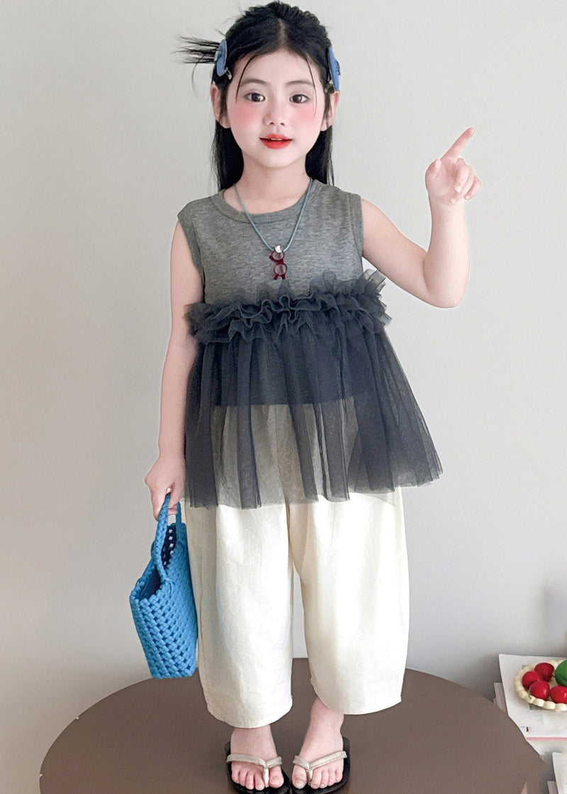 Grey Tulle Patchwork Kids Top and Wide Leg Pants Two Pieces Set Sleeveless