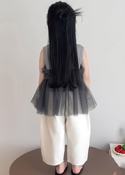 Grey Tulle Patchwork Kids Top and Wide Leg Pants Two Pieces Set Sleeveless