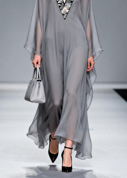 Grey V Neck Patchwork Chiffon Long Dress Spring