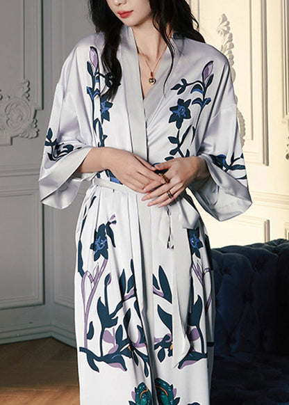 Grey V Neck Print Tie Waist Silk Long Rose Long Sleeve