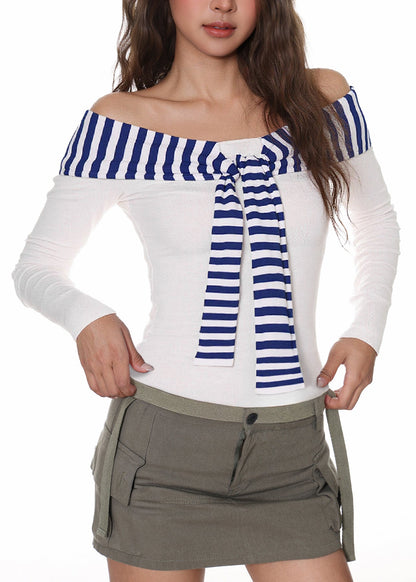 Chic Grey Yellow Striped Patchwork T Shirt Long Sleeve