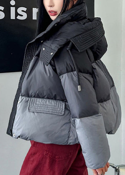 Grey Zip Up Pockets Duck Down Hooded Jacket Winter