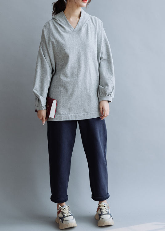 Grey Elastic Waist Cotton Straight Pants Spring
