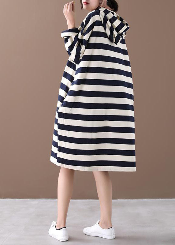 Hooded Striped Cotton Sweatshirt Street Wear Dress Spring