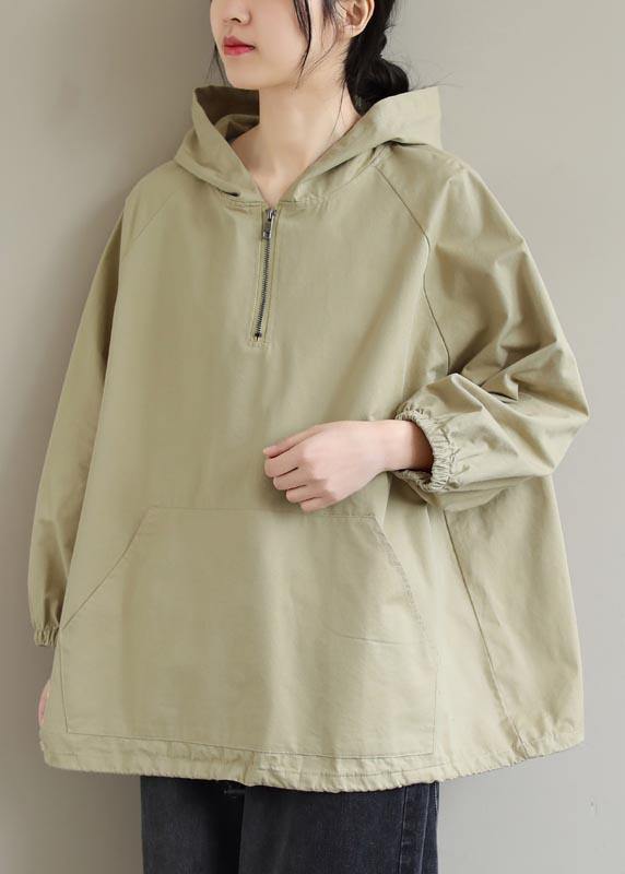 Chic Hooded Zip Up Spring Clothes For Women Work Outfits Khaki Blouses