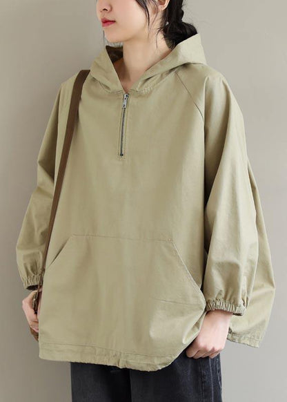 Chic Hooded Zip Up Spring Clothes For Women Work Outfits Khaki Blouses