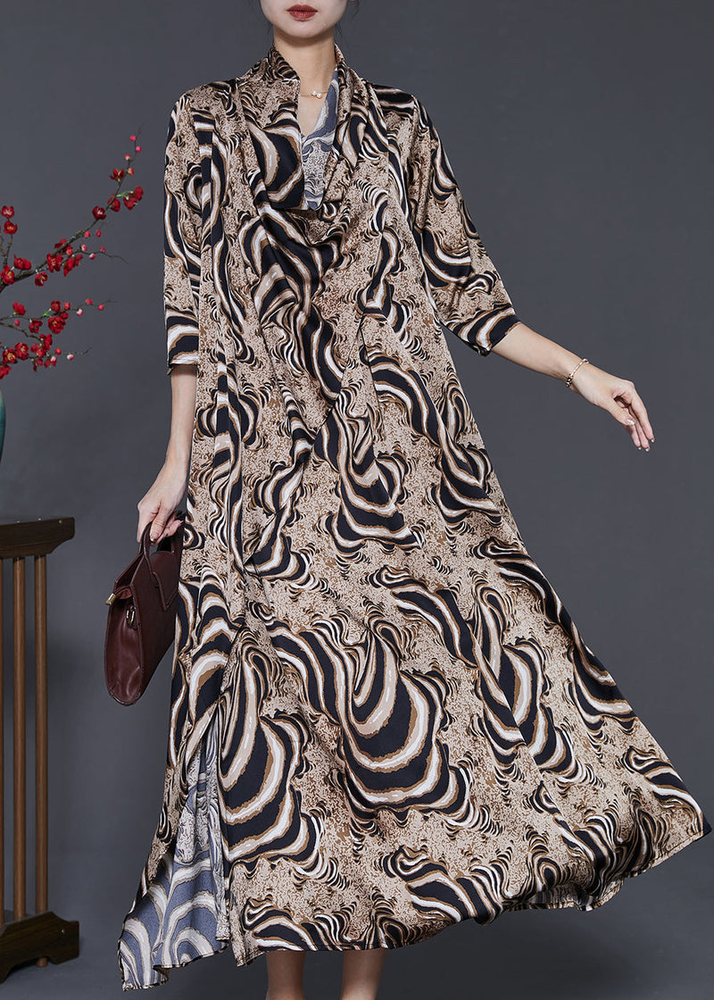 Khaki Asymmetrical Leopard Print Silk Dresses Summer