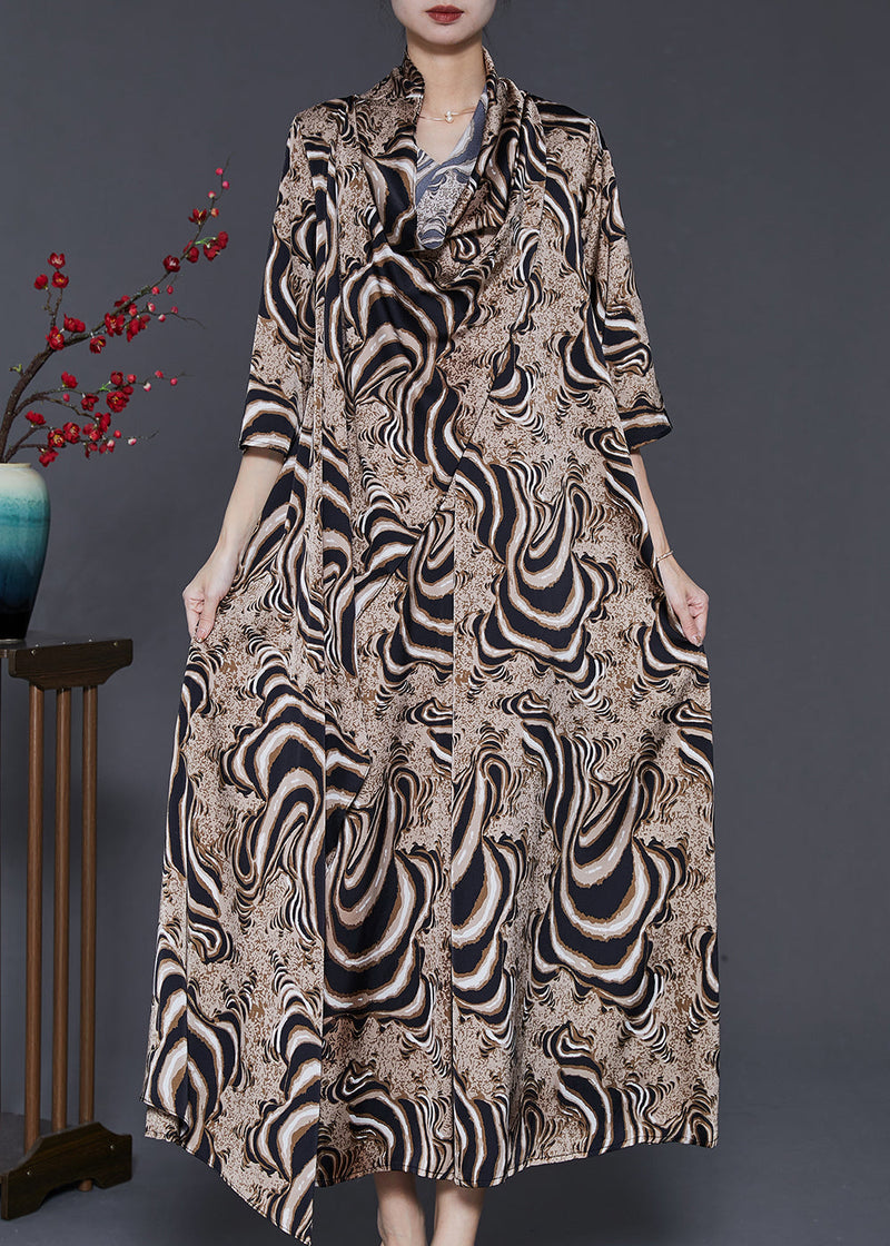 Khaki Asymmetrical Leopard Print Silk Dresses Summer