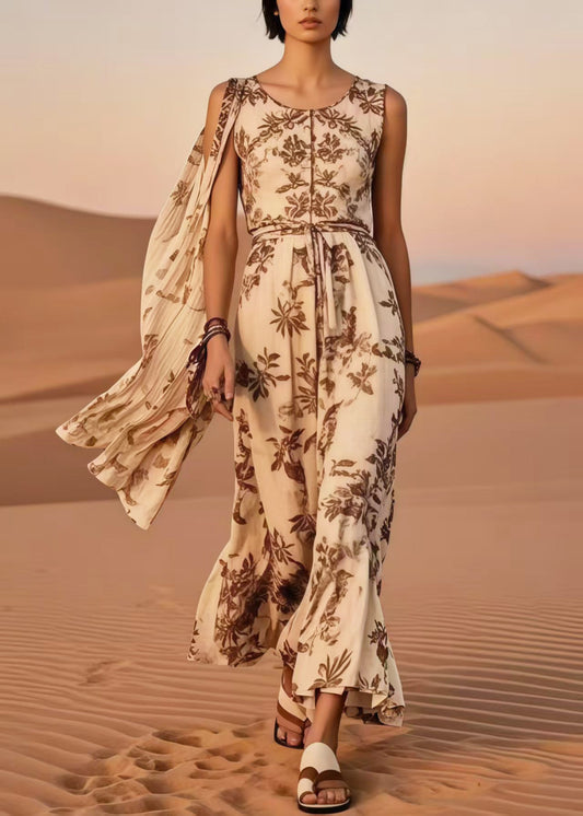 Khaki Asymmetrical Print Cotton Holiday Dresses Summer