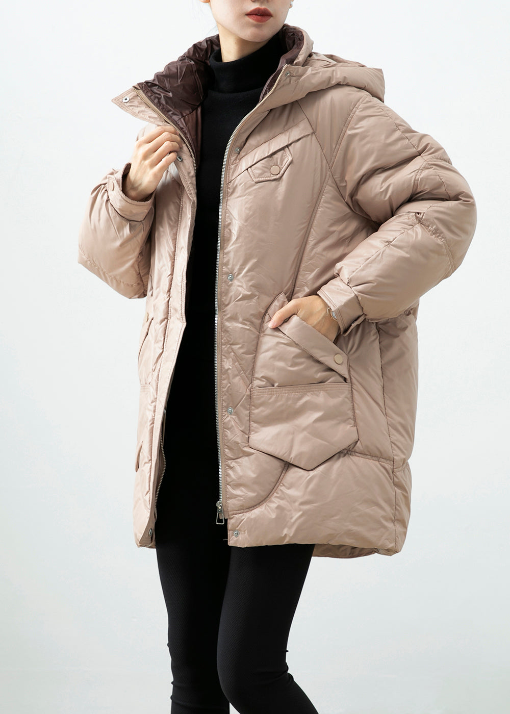 Khaki Hooded Oversized Duck Down Puffer Jacket Winter