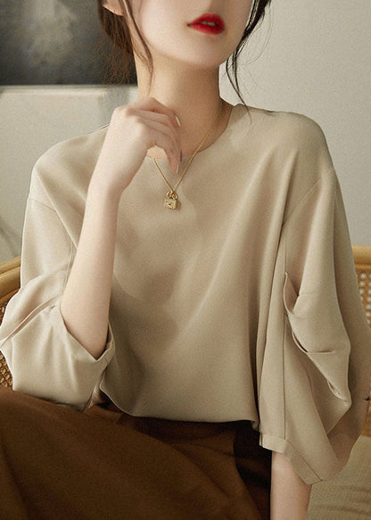 Khaki O-neck Cinched Chiffon Shirt Tops Lantern Sleeve