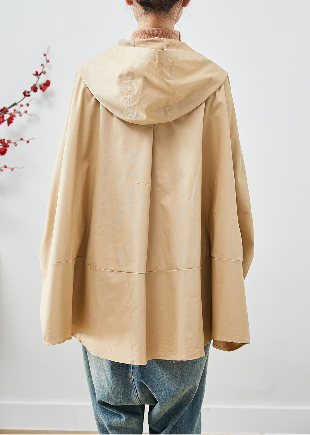 Khaki Oversized Patchwork Cotton Coats Batwing Sleeve