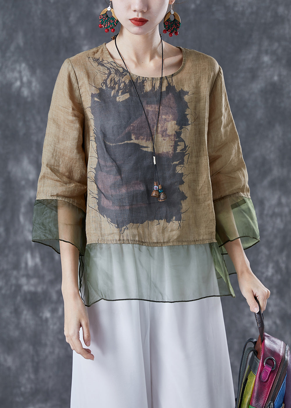 Khaki Oversized Patchwork Organza Linen Shirts Bracelet Sleeve