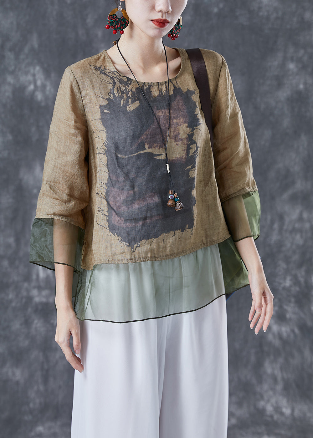 Khaki Oversized Patchwork Organza Linen Shirts Bracelet Sleeve