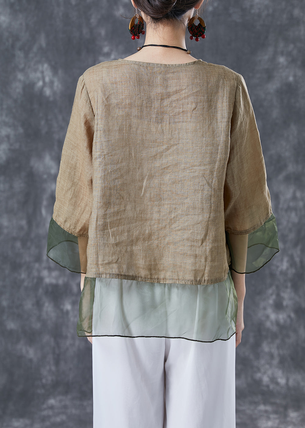 Khaki Oversized Patchwork Organza Linen Shirts Bracelet Sleeve