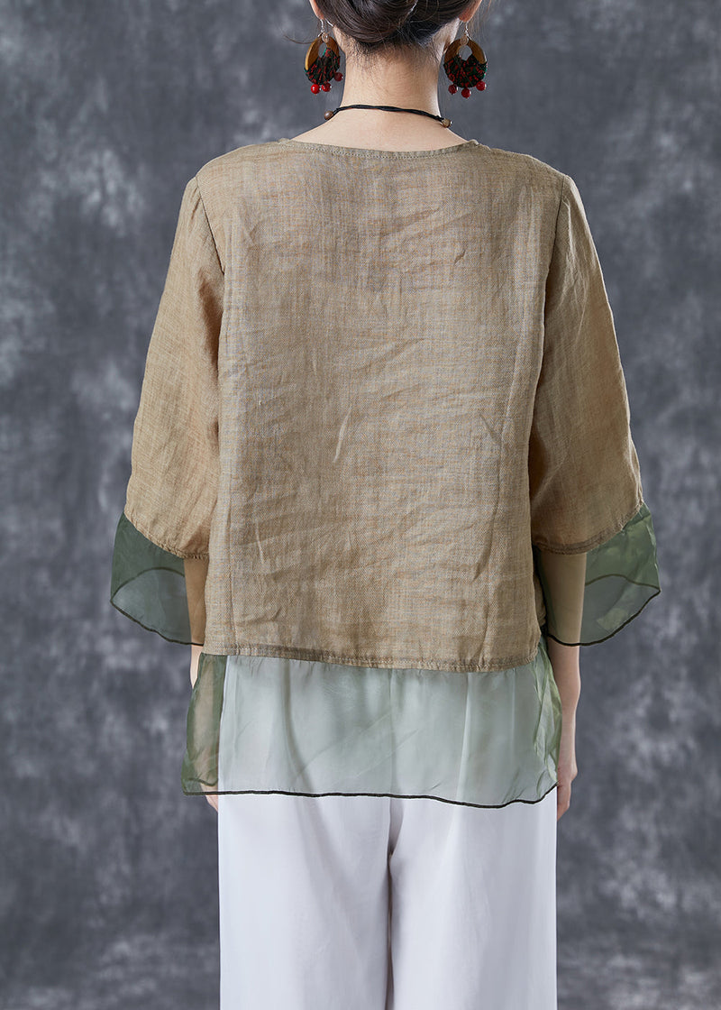 Khaki Oversized Patchwork Organza Linen Shirts Bracelet Sleeve
