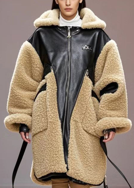 Khaki Oversized Patchwork Pu Fuzzy Fur Trench Winter