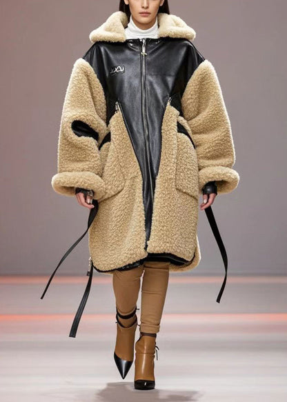 Khaki Oversized Patchwork Pu Fuzzy Fur Trench Winter