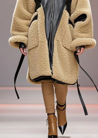 Khaki Oversized Patchwork Pu Fuzzy Fur Trench Winter