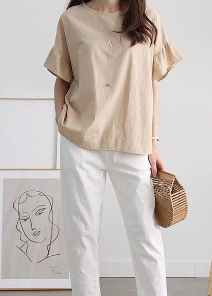 Khaki Oversized Patchwork Ruffles Cotton Tank Tops Summer