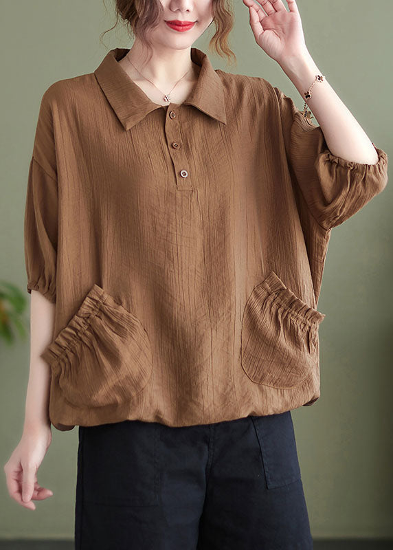Khaki Patchwork Button T Shirt Short Sleeve
