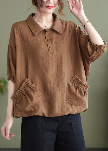 Khaki Patchwork Button T Shirt Short Sleeve