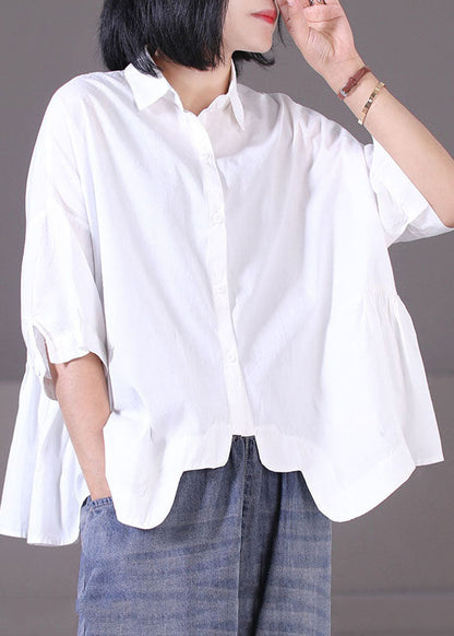 Khaki Peter Pan Collar Asymmetrical Design Patchwork Wrinkled Cotton Shirt Tops Short Sleeve