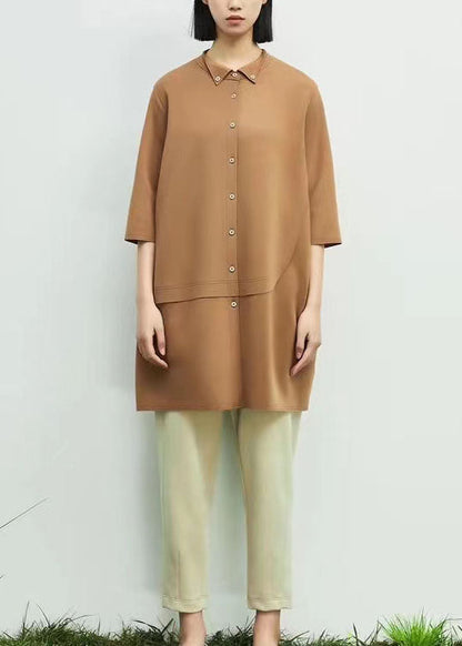 Khaki Peter Pan Collar Asymmetrical Patchwork Cotton Dresses Spring