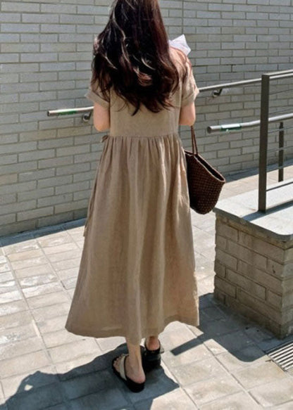 Khaki Peter Pan Collar Patchwork Linen Long Dress Short Sleeve