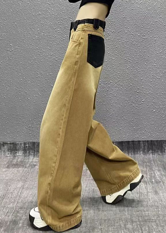 Khaki Pockets Patchwork Denim Wide Leg Pants Spring