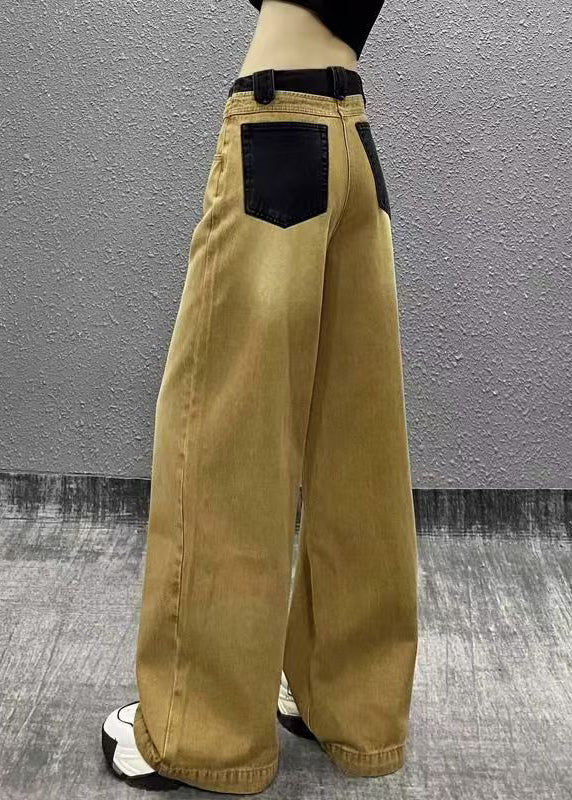 Khaki Pockets Patchwork Denim Wide Leg Pants Spring