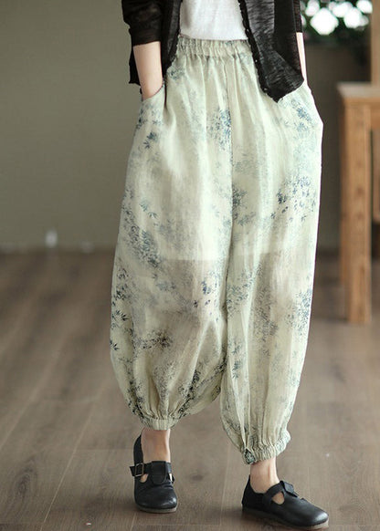 Khaki Print Elastic Waist Linen Beam Pants Spring