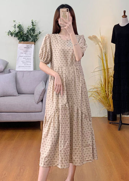 Khaki Puff Sleeve Patchwork Print Cotton Dresses