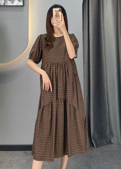 Khaki Puff Sleeve Patchwork Print Cotton Dresses