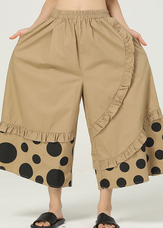 Khaki Ruffled Pockets Print Cotton Wide Leg Pants Summer